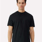Man wearing a black t-shirt against a white background