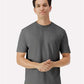 Man wearing a gray t-shirt against a white background